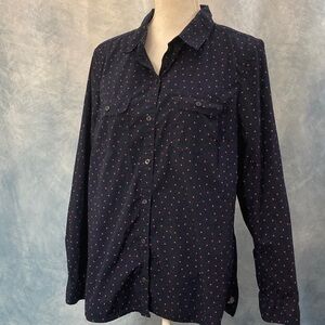 😍Best Price😍 Preppy Navy Button Down Shirt W/ Pink Dots Crisp Fabric Bust Darts